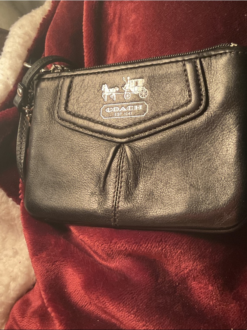 Coach Black Leather Wristlet with Silver Horse & Carriage Accent